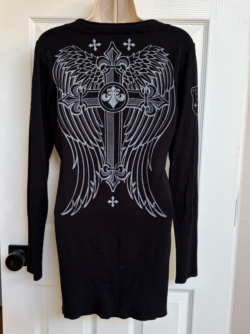 Affliction Live Fast Black Angel Wings V-Neck Long Sleeve Sweater Fitted Goth